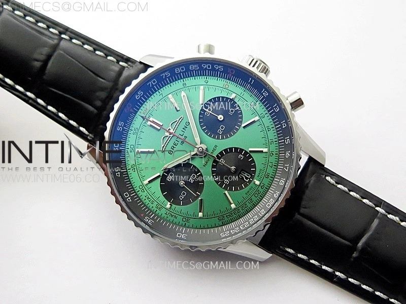 Navitimer B01 43mm SS BLSF 1:1 Best Edition Green Dial Black Subdials On Black Leather Strap A7750