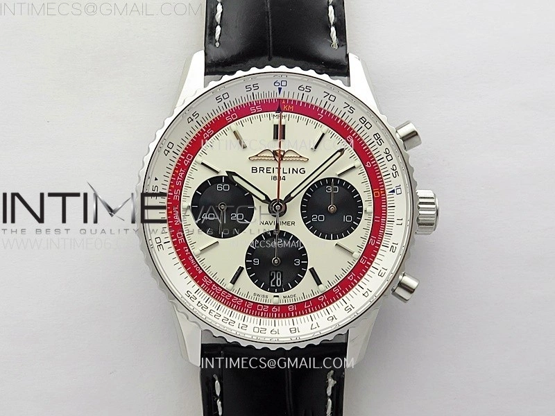 Navitimer B01 43mm SS BLSF 1:1 Best Edition White Dial Black Subdials On Black Leather Strap A7750