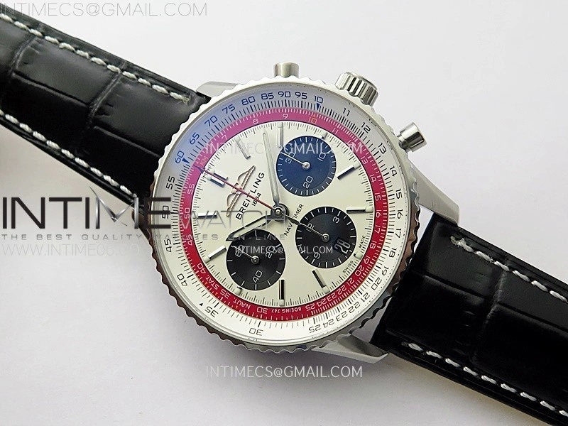 Navitimer B01 43mm SS BLSF 1:1 Best Edition White Dial Black Subdials On Black Leather Strap A7750