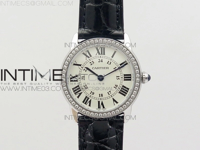 Ronde Solo de Cartier 29.5mm SS Dia K11 1:1 Best Edition White Dial on Black Croco Leather Strap Ronda Quartz
