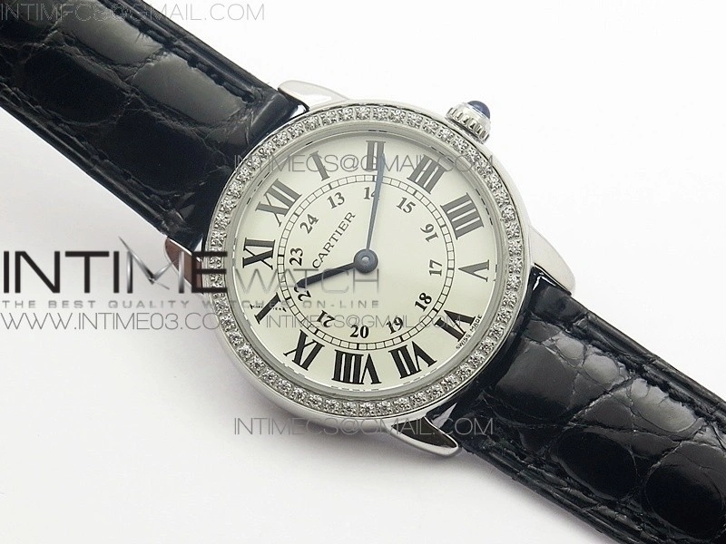 Ronde Solo de Cartier 29.5mm SS Dia K11 1:1 Best Edition White Dial on Black Croco Leather Strap Ronda Quartz