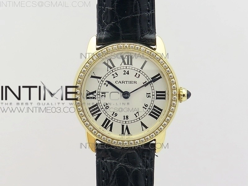 Ronde Solo de Cartier 29.5mm YG Dia K11 1:1 Best Edition White Dial on Black Croco Leather Strap Ronda Quartz