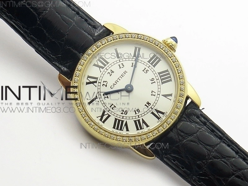 Ronde Solo de Cartier 29.5mm YG Dia K11 1:1 Best Edition White Dial on Black Croco Leather Strap Ronda Quartz