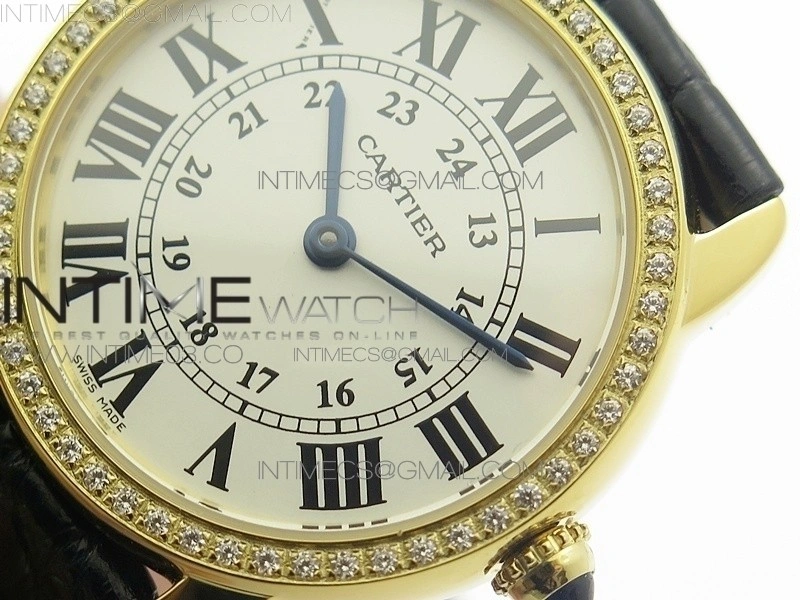 Ronde Solo de Cartier 29.5mm YG Dia K11 1:1 Best Edition White Dial on Black Croco Leather Strap Ronda Quartz