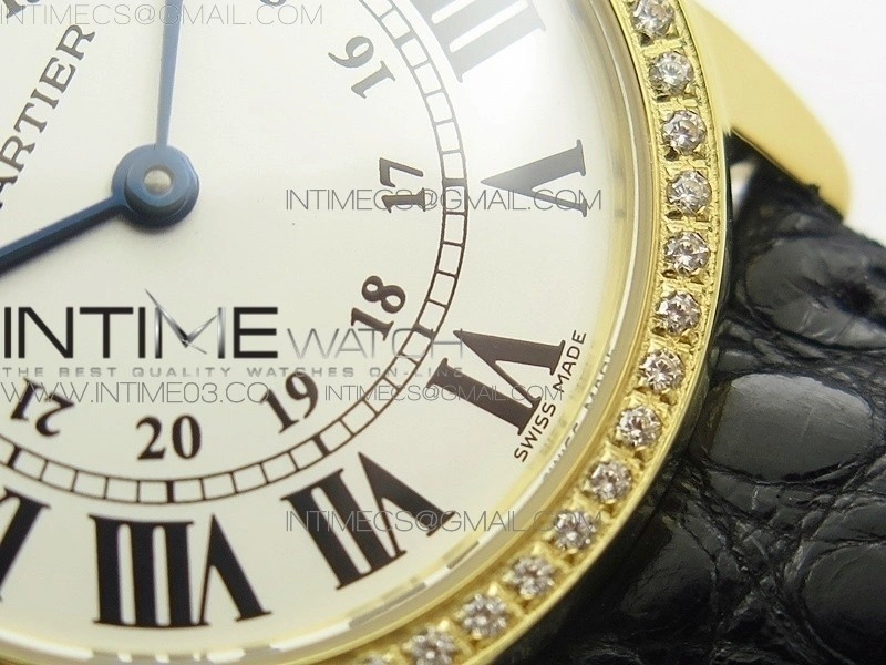 Ronde Solo de Cartier 29.5mm YG Dia K11 1:1 Best Edition White Dial on Black Croco Leather Strap Ronda Quartz