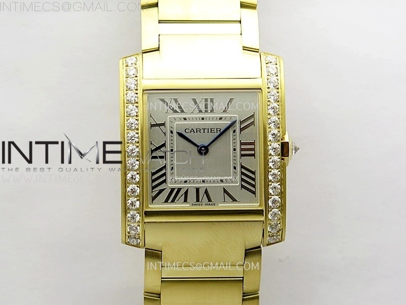 Tank Francaise Ladies 27mm YG Diamonds Bezel 8848F 1:1 Best Edition Silver Dial on YG Bracelet Ronda Quartz