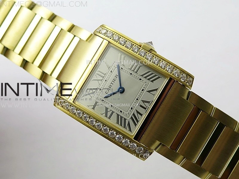 Tank Francaise Ladies 27mm YG Diamonds Bezel 8848F 1:1 Best Edition Silver Dial on YG Bracelet Ronda Quartz