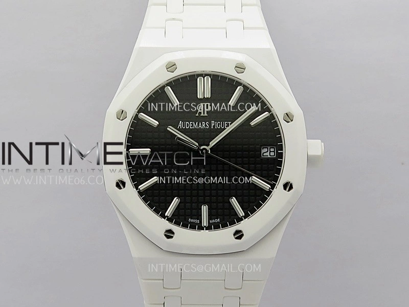 Royal Oak 15500 White Ceramic APSF 1:1 Best Edition Black Dial On White Ceramic Bracelet SA4302 Super Clone