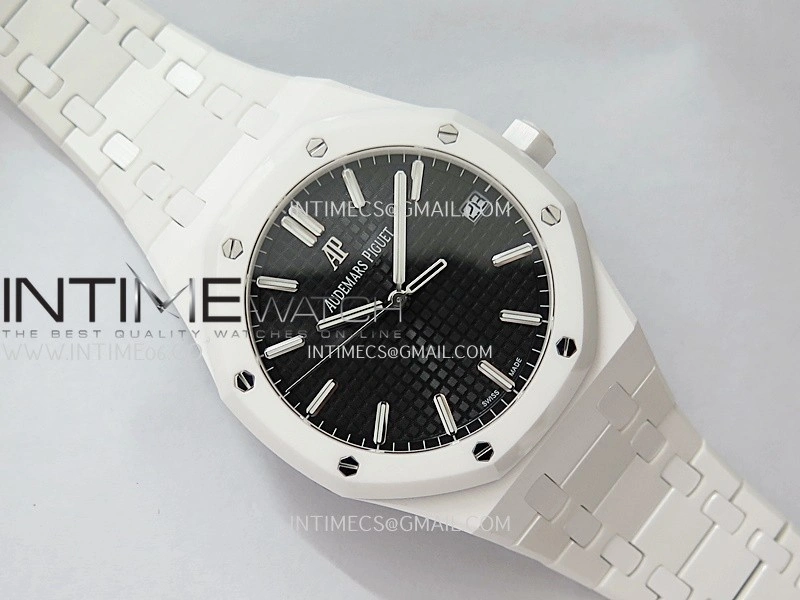 Royal Oak 15500 White Ceramic APSF 1:1 Best Edition Black Dial On White Ceramic Bracelet SA4302 Super Clone