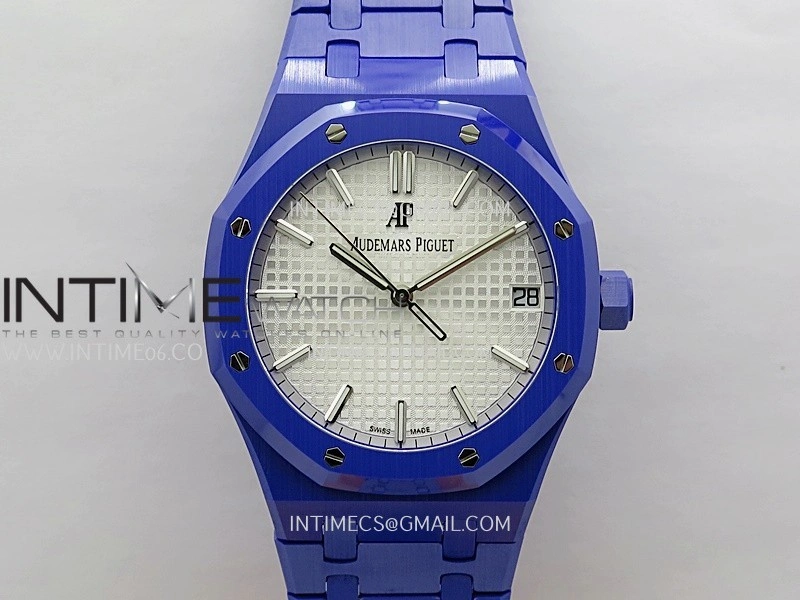 Royal Oak 15500 Blue Ceramic APSF 1:1 Best Edition Silver Dial On Blue Ceramic Bracelet SA4302 Super Clone