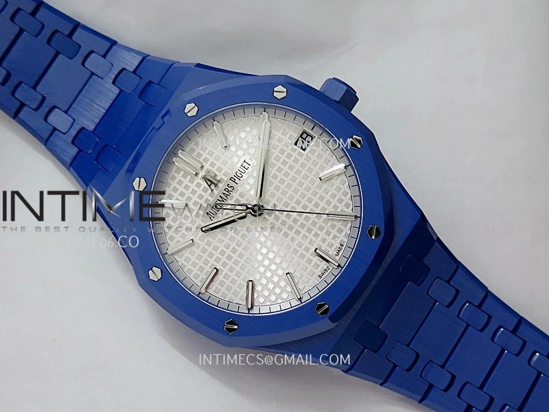 Royal Oak 15500 Blue Ceramic APSF 1:1 Best Edition Silver Dial On Blue Ceramic Bracelet SA4302 Super Clone