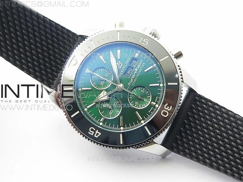 SuperOcean 46mm Black Ceramic Bezel B50 Best Edition Green Dial Green Subdials on Black Rubber Strap A7750