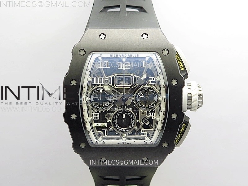 RM011 Titanium Case Black Ceramic Bezel Chronograph KUF Best Edition Skeleton Dial on Black Rubber Strap A7750