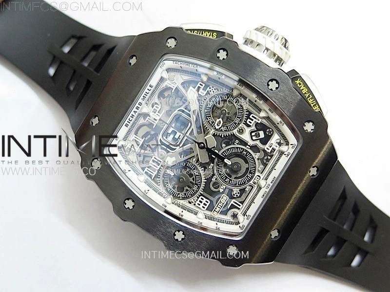 RM011 Titanium Case Black Ceramic Bezel Chronograph KUF Best Edition Skeleton Dial on Black Rubber Strap A7750