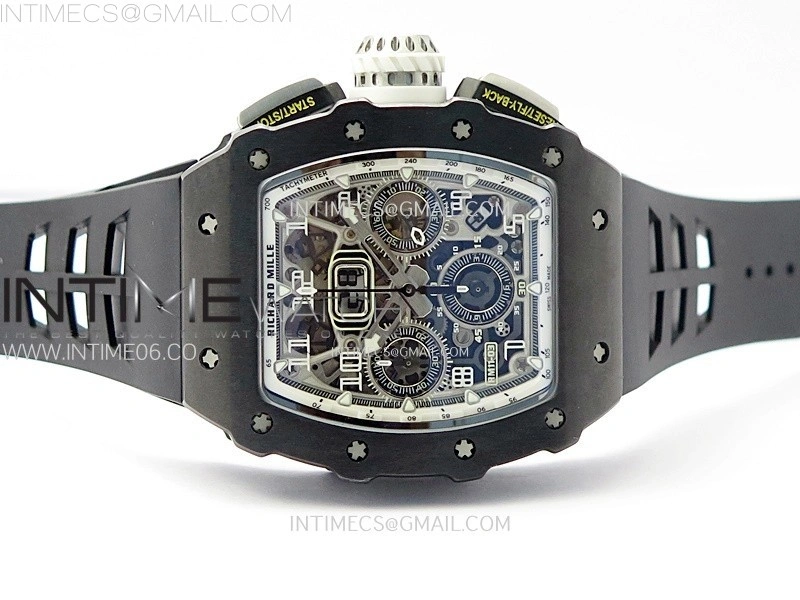 RM011 Titanium Case Black Ceramic Bezel Chronograph KUF Best Edition Skeleton Dial on Black Rubber Strap A7750