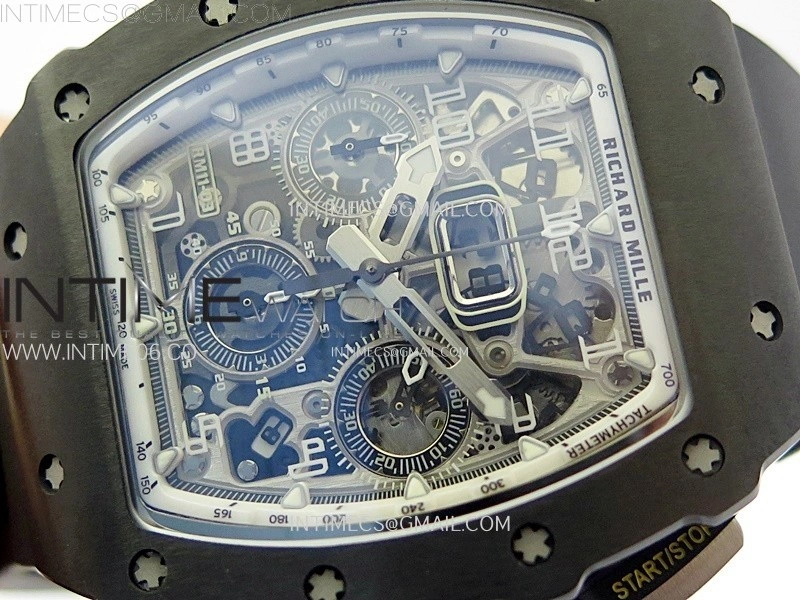 RM011 Titanium Case Black Ceramic Bezel Chronograph KUF Best Edition Skeleton Dial on Black Rubber Strap A7750