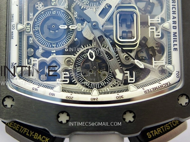 RM011 Titanium Case Black Ceramic Bezel Chronograph KUF Best Edition Skeleton Dial on Black Rubber Strap A7750