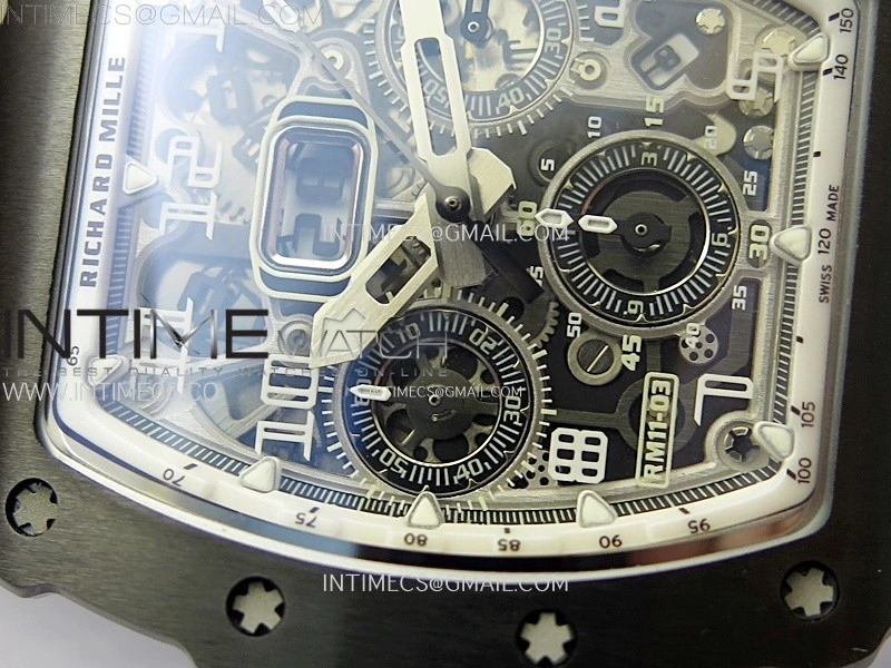 RM011 Titanium Case Black Ceramic Bezel Chronograph KUF Best Edition Skeleton Dial on Black Rubber Strap A7750