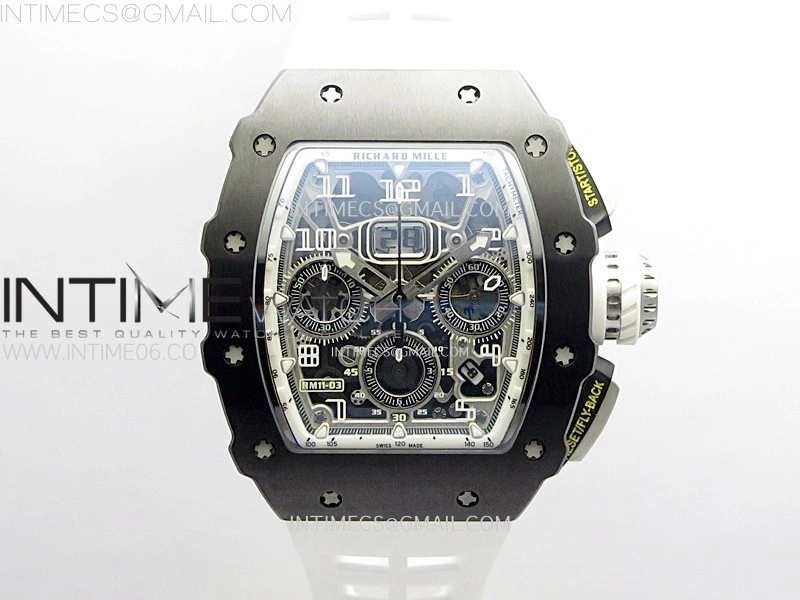 RM011 Titanium Case Black Ceramic Bezel Chronograph KUF Best Edition Skeleton Dial on White Rubber Strap A7750