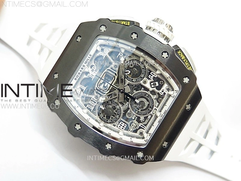RM011 Titanium Case Black Ceramic Bezel Chronograph KUF Best Edition Skeleton Dial on White Rubber Strap A7750