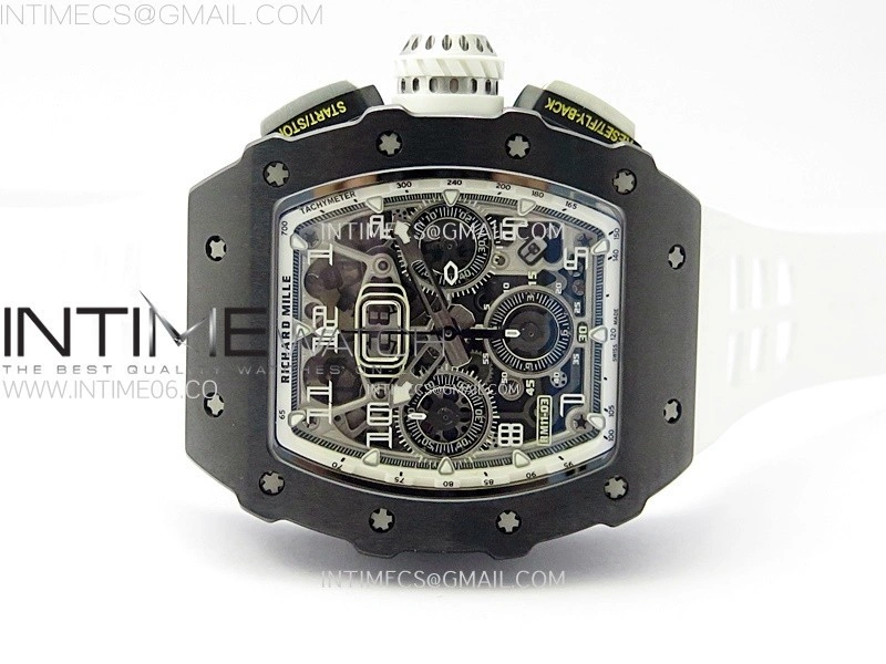 RM011 Titanium Case Black Ceramic Bezel Chronograph KUF Best Edition Skeleton Dial on White Rubber Strap A7750