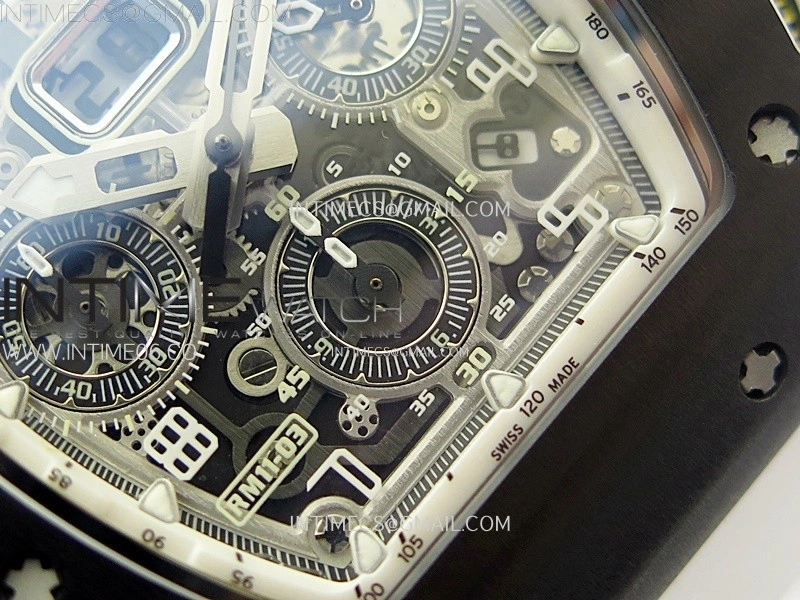 RM011 Titanium Case Black Ceramic Bezel Chronograph KUF Best Edition Skeleton Dial on White Rubber Strap A7750