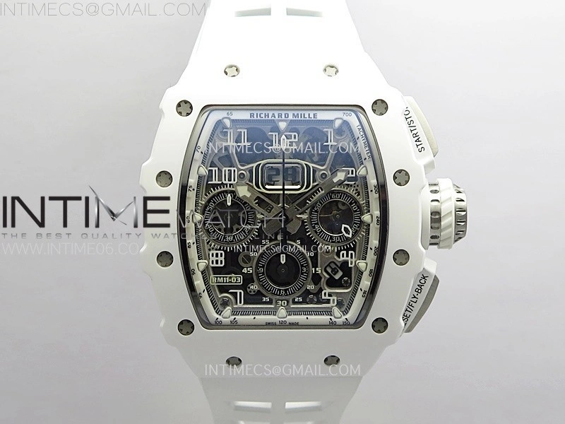 RM011 Titanium Case White Ceramic Bezel Chronograph KUF Best Edition Skeleton Dial on White Rubber Strap A7750