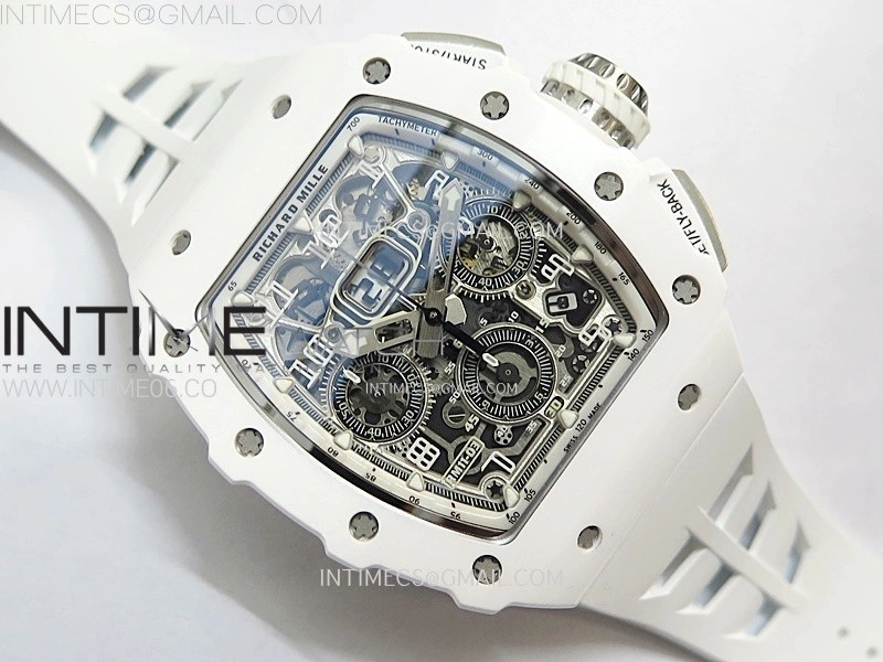 RM011 Titanium Case White Ceramic Bezel Chronograph KUF Best Edition Skeleton Dial on White Rubber Strap A7750
