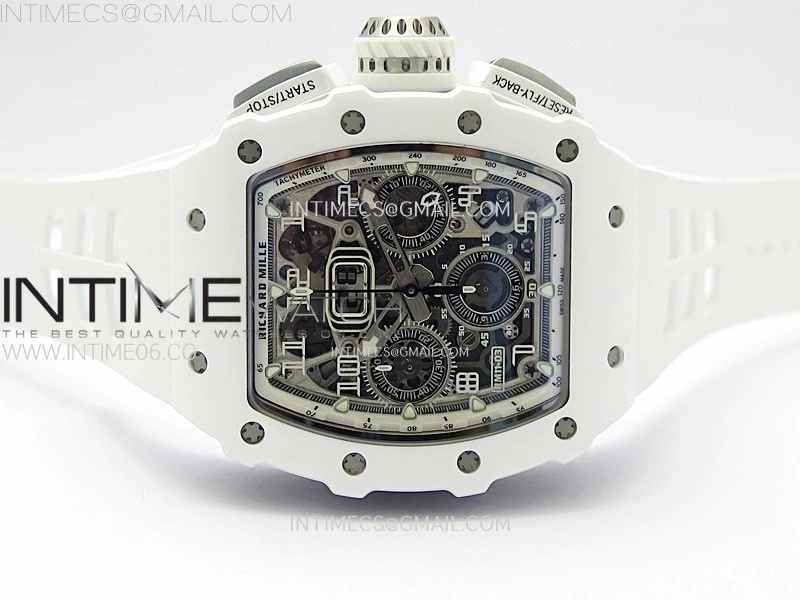 RM011 Titanium Case White Ceramic Bezel Chronograph KUF Best Edition Skeleton Dial on White Rubber Strap A7750