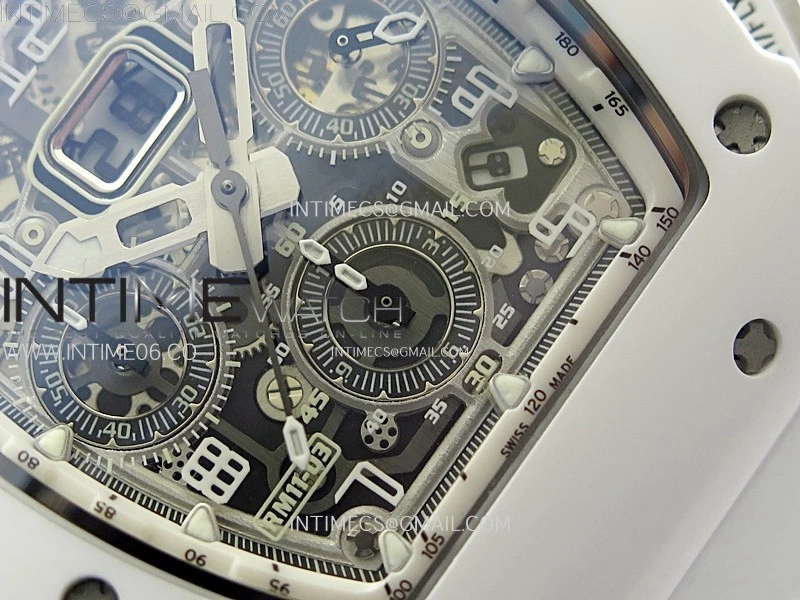 RM011 Titanium Case White Ceramic Bezel Chronograph KUF Best Edition Skeleton Dial on White Rubber Strap A7750