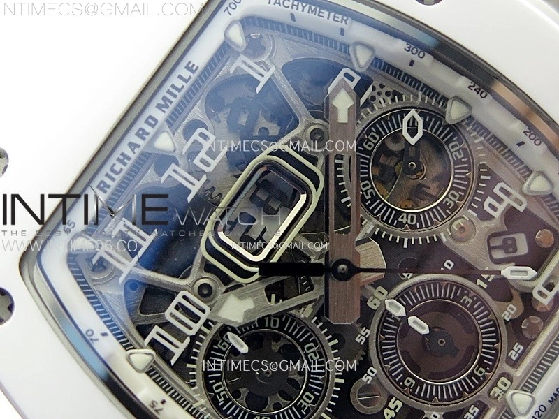 RM011 Titanium Case White Ceramic Bezel Chronograph KUF Best Edition Skeleton Dial on White Rubber Strap A7750