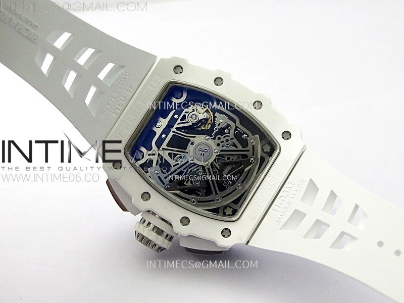 RM011 Titanium Case White Ceramic Bezel Chronograph KUF Best Edition Skeleton Dial on White Rubber Strap A7750