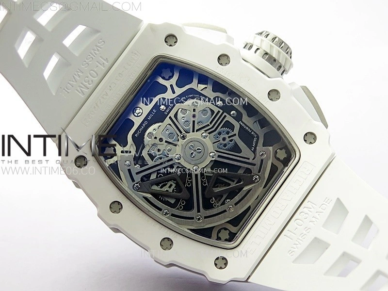 RM011 Titanium Case White Ceramic Bezel Chronograph KUF Best Edition Skeleton Dial on White Rubber Strap A7750
