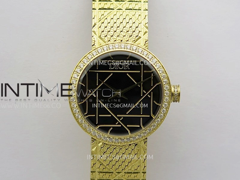 La D de Dior Satine 25mm Diamond Bezel YG 8848F 1:1 Best Edition Black Dial On YG bracelet Swiss Quartz