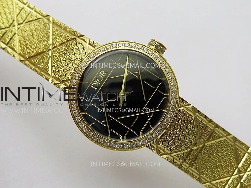 La D de Dior Satine 25mm Diamond Bezel YG 8848F 1:1 Best Edition Black Dial On YG bracelet Swiss Quartz