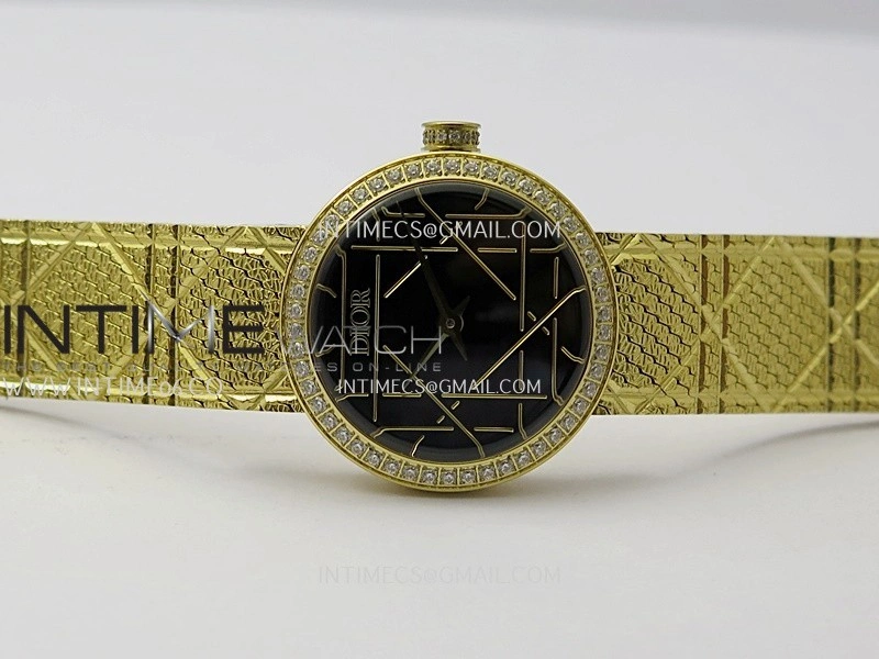 La D de Dior Satine 25mm Diamond Bezel YG 8848F 1:1 Best Edition Black Dial On YG bracelet Swiss Quartz