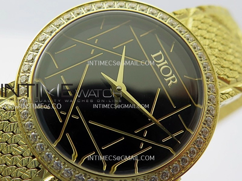 La D de Dior Satine 25mm Diamond Bezel YG 8848F 1:1 Best Edition Black Dial On YG bracelet Swiss Quartz