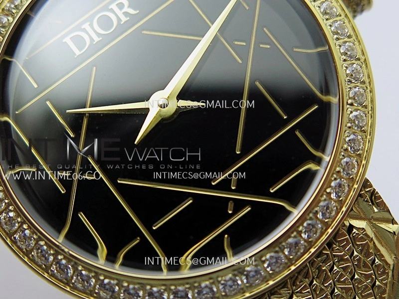 La D de Dior Satine 25mm Diamond Bezel YG 8848F 1:1 Best Edition Black Dial On YG bracelet Swiss Quartz