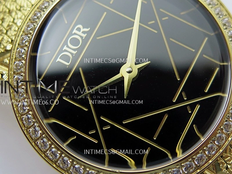 La D de Dior Satine 25mm Diamond Bezel YG 8848F 1:1 Best Edition Black Dial On YG bracelet Swiss Quartz