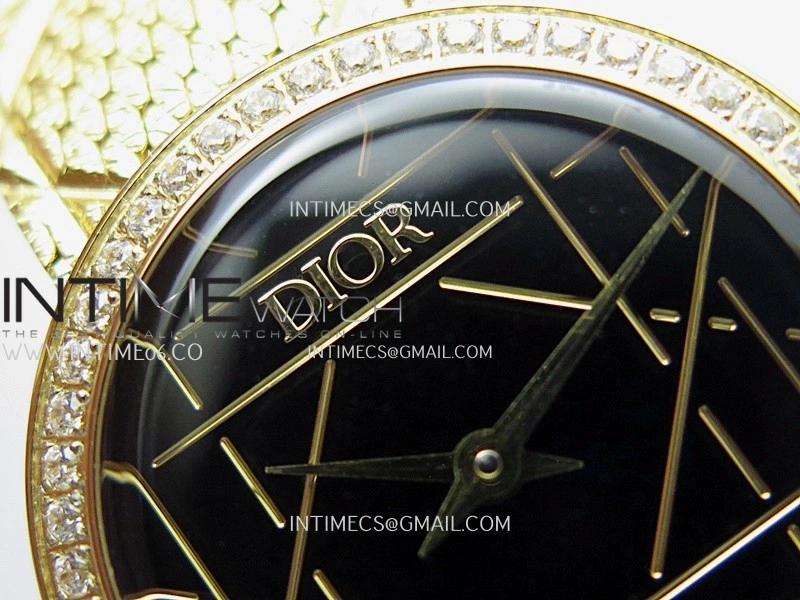 La D de Dior Satine 25mm Diamond Bezel YG 8848F 1:1 Best Edition Black Dial On YG bracelet Swiss Quartz