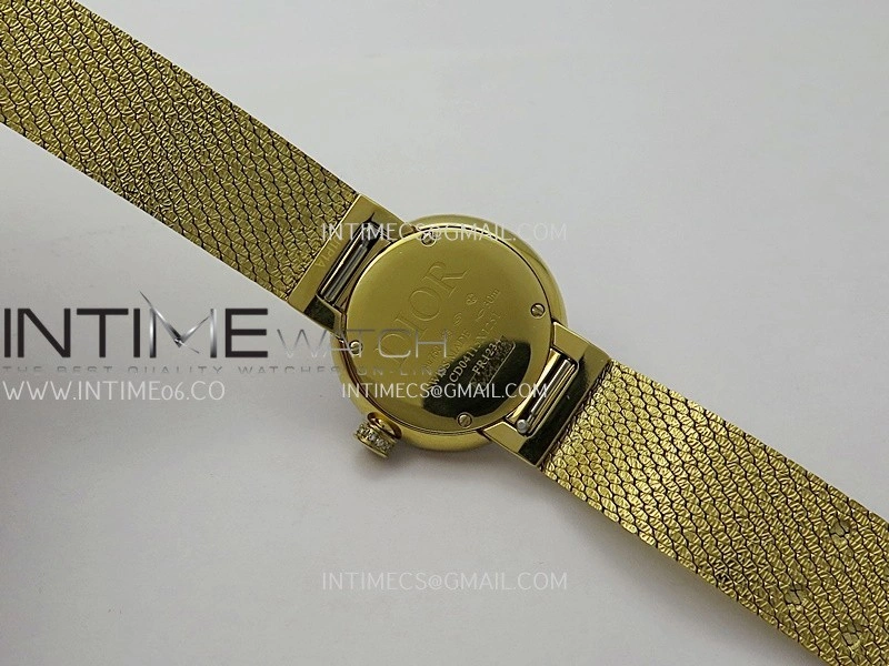 La D de Dior Satine 25mm Diamond Bezel YG 8848F 1:1 Best Edition Black Dial On YG bracelet Swiss Quartz