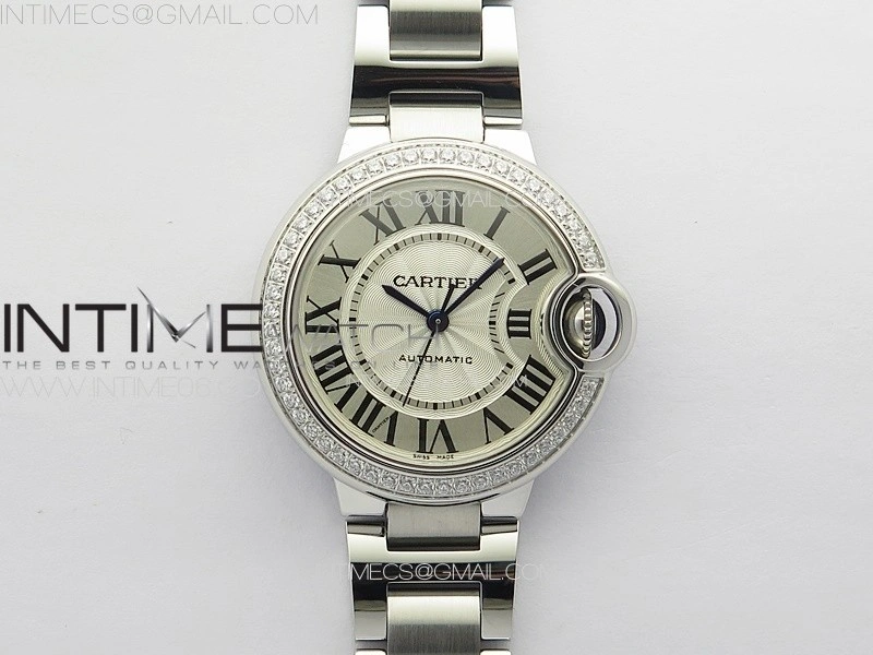 Ballon Bleu 33mm Diamonds Bezel SS 3KF 1:1 Best Edition White Textured Dial on SS Bracelet A076