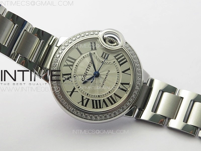 Ballon Bleu 33mm Diamonds Bezel SS 3KF 1:1 Best Edition White Textured Dial on SS Bracelet A076