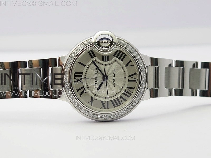 Ballon Bleu 33mm Diamonds Bezel SS 3KF 1:1 Best Edition White Textured Dial on SS Bracelet A076