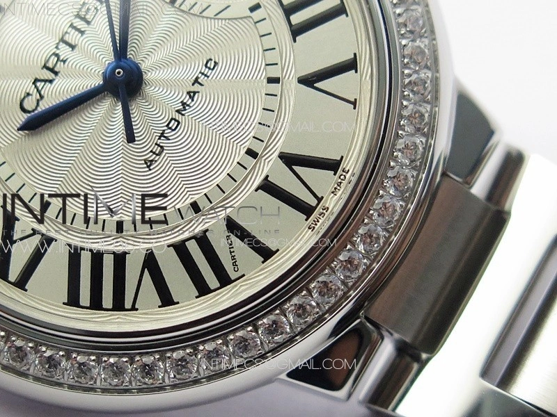 Ballon Bleu 33mm Diamonds Bezel SS 3KF 1:1 Best Edition White Textured Dial on SS Bracelet A076