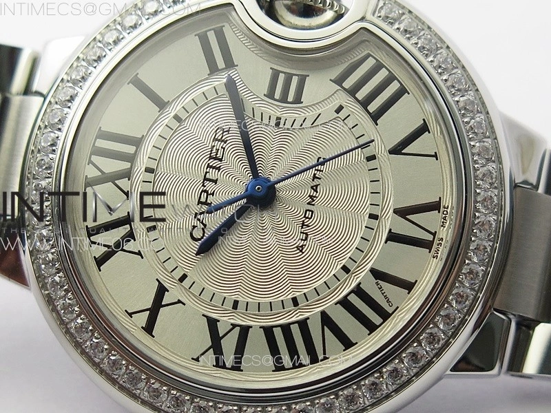 Ballon Bleu 33mm Diamonds Bezel SS 3KF 1:1 Best Edition White Textured Dial on SS Bracelet A076