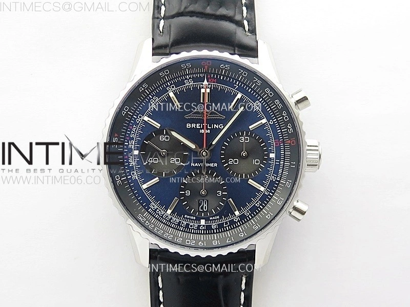 Navitimer B01 43mm SS BLSF 1:1 Best Edition Blue Dial Green Subdials On Black Leather Strap A7750
