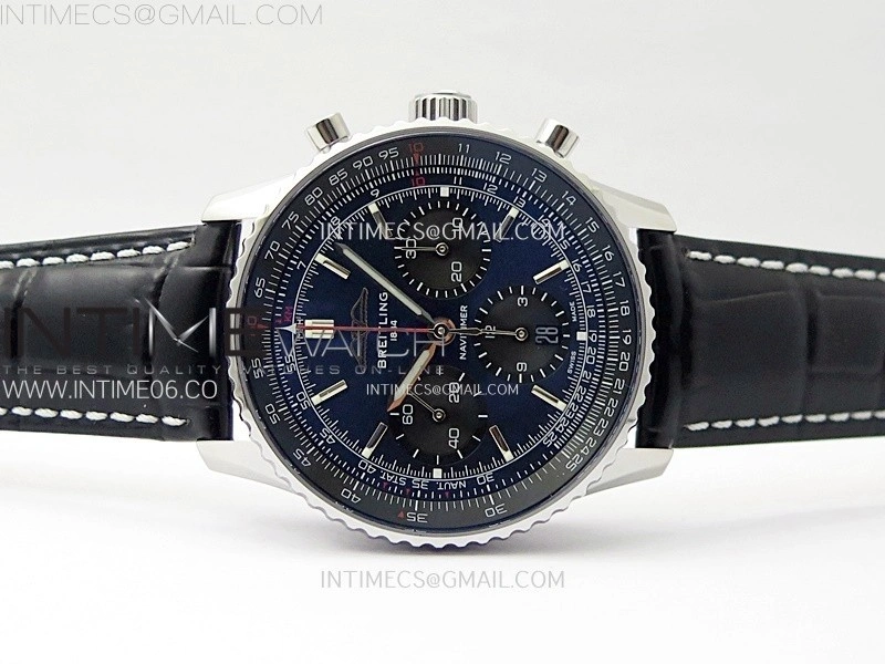 Navitimer B01 43mm SS BLSF 1:1 Best Edition Blue Dial Green Subdials On Black Leather Strap A7750