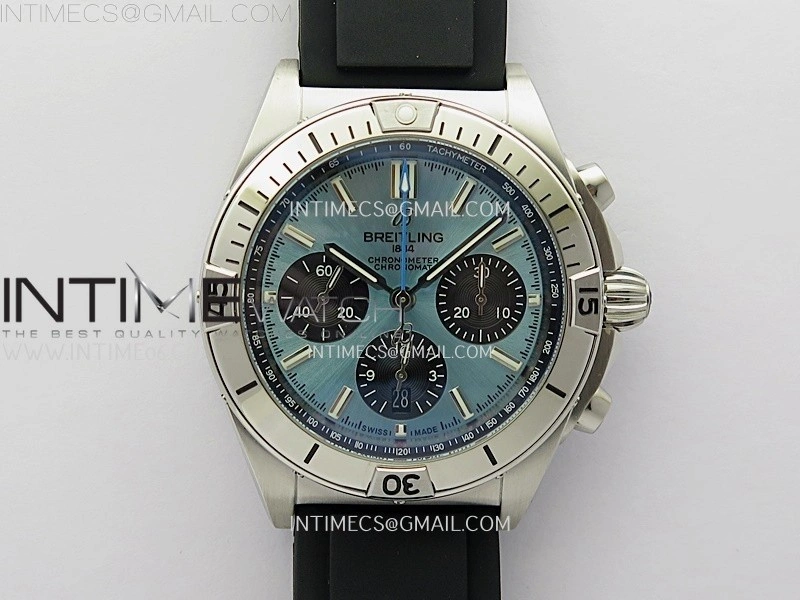 Chronomat B01 42mm SS TF 1:1 Best Edition Ice Blue Dial Black Subdial on Black Rubber Strap A7750
