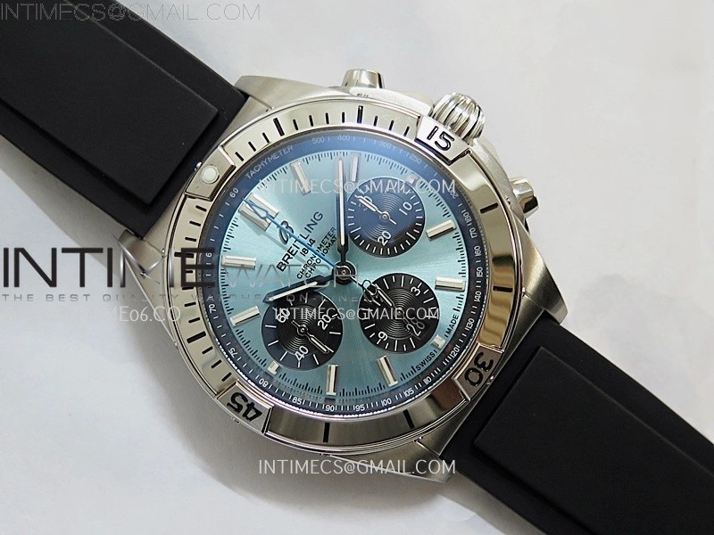 Chronomat B01 42mm SS TF 1:1 Best Edition Ice Blue Dial Black Subdial on Black Rubber Strap A7750